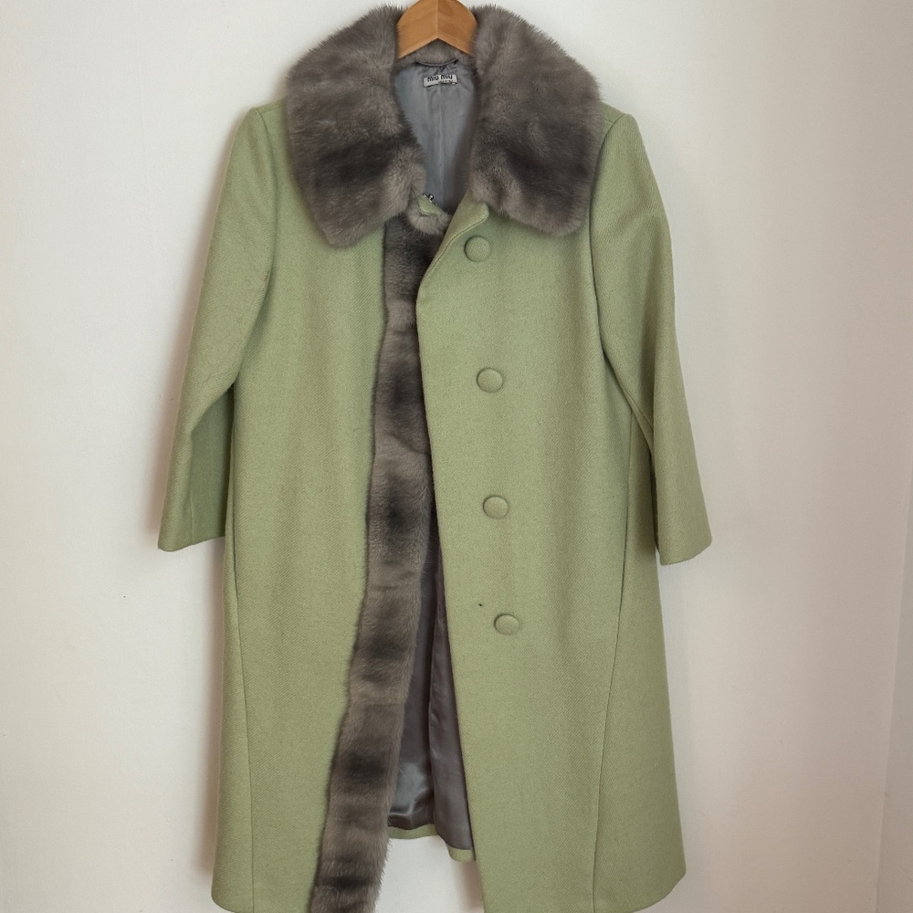 Miu Miu Green Coat with Faux Fur Shawl